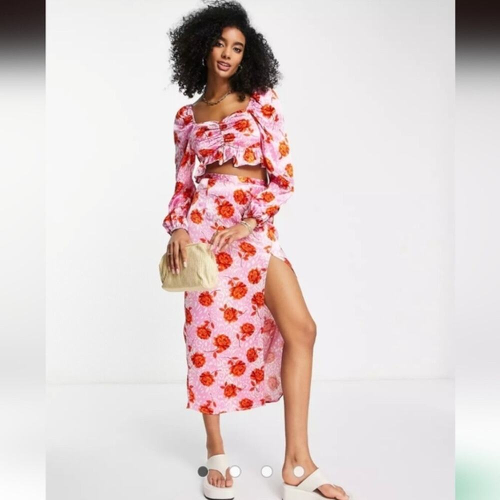 Topshop Satin Slip Skirt Pink Floral Midi Sz 6 Bias Cut Y2K Coquette
